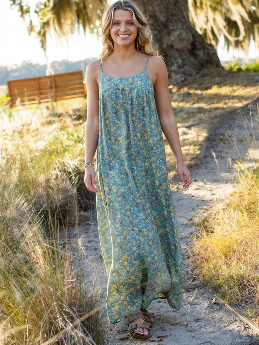 Natural Life Sleeveless Maxi Dress XL Green Blue Ditzy Floral Boho Flowy Summer